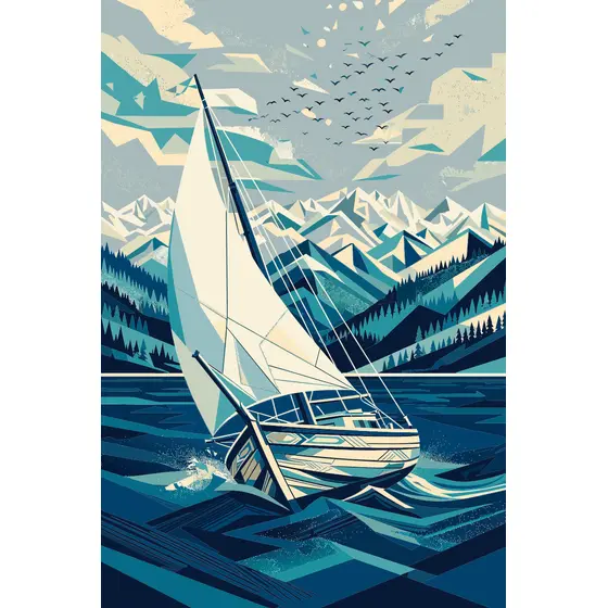 Sailboat Leaning Into Wind Over Bay