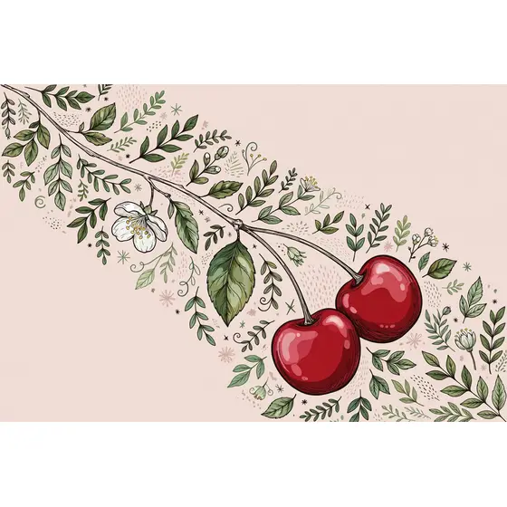 Glossy Cherry Pair With Blossom Branch