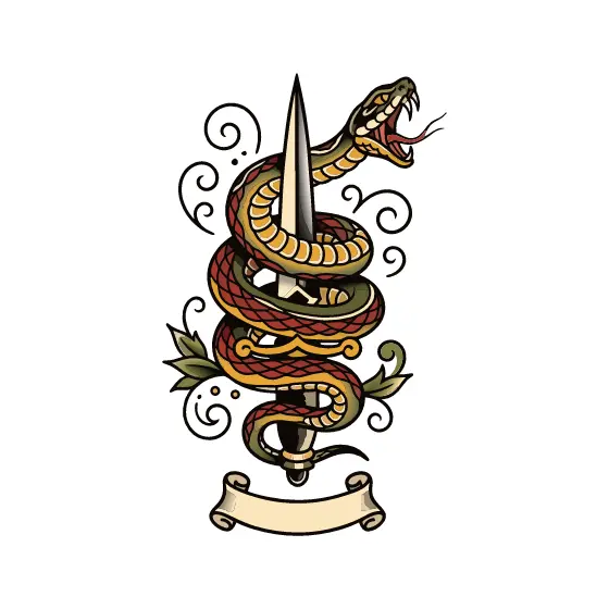 Coiled Serpent Around Dagger Tattoo