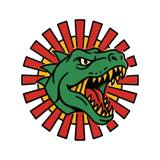 Green Dinosaur Head in Red Sunburst
