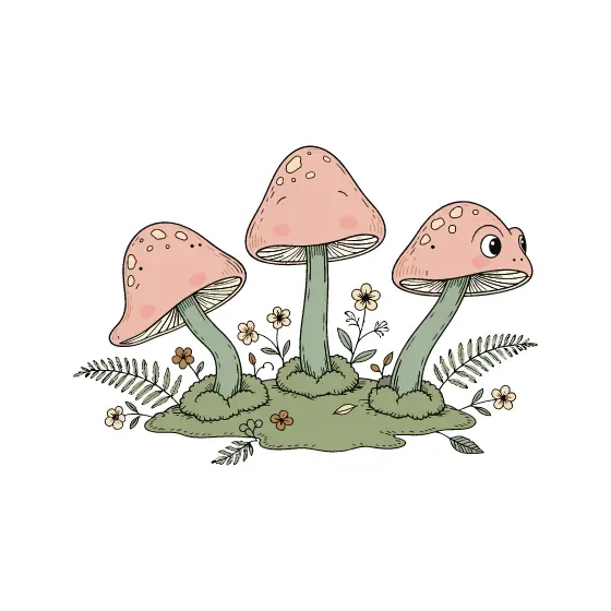 Three Blush Toadstools With Moss Patch
