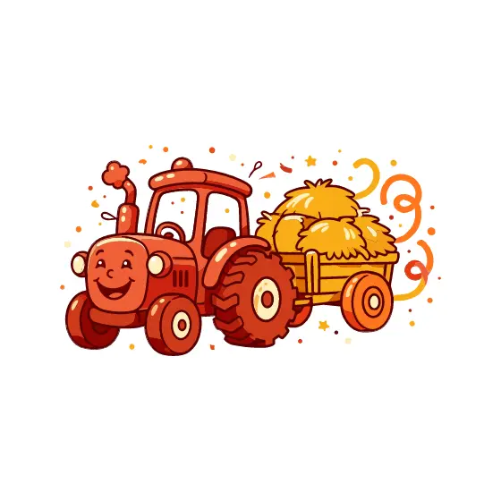 Smiling Red Tractor Pulling Hay Wagon