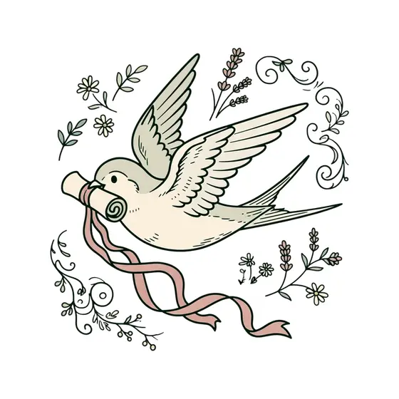 Swallow Carrying Letter With Wildflowers