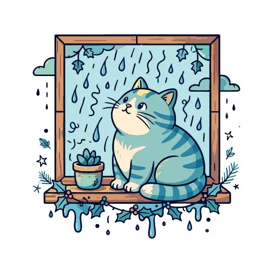 Tabby Cat By Rainy Window With Succulent