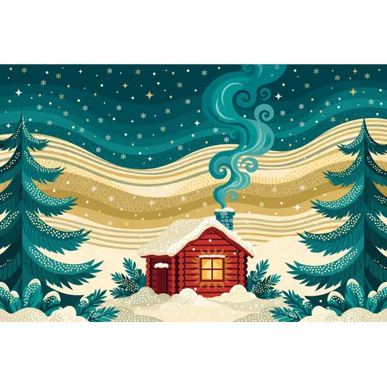 Red Cabin Under Teal Winter Sky