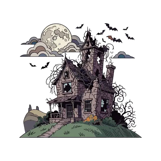 Dilapidated Stone Mansion Under Cloudy Moon