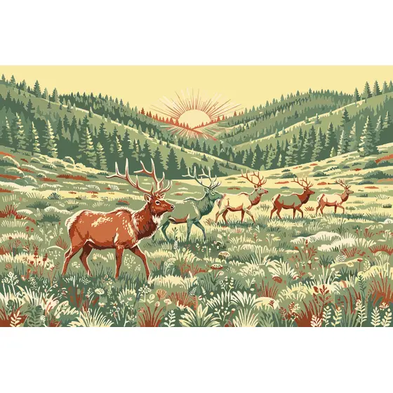 Rust Bull Elk Leading Meadow Herd