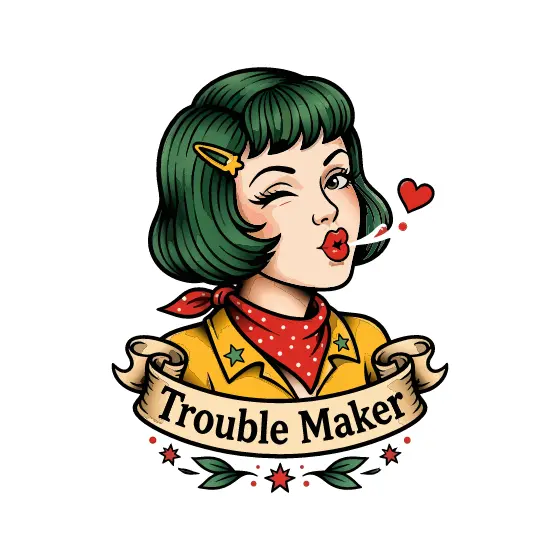Green-Haired Pin-Up Winking With Trouble Maker Banner