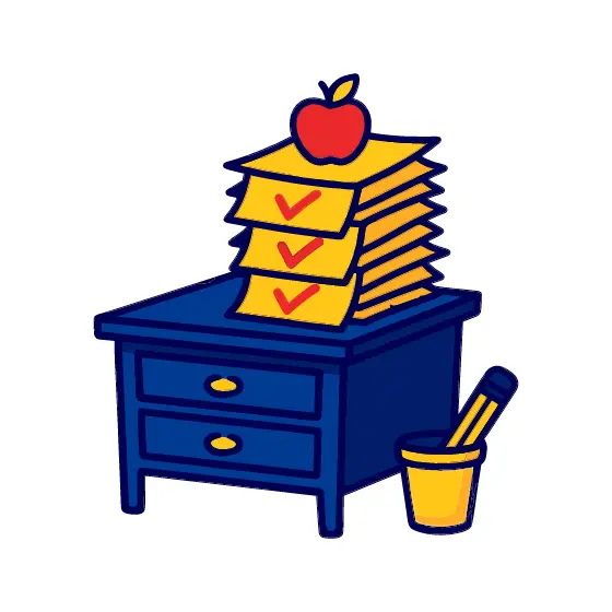 Navy Teacher Desk With Graded Papers