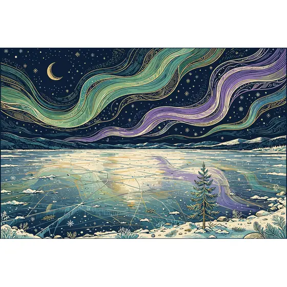 Aurora Over Frozen Lake With Pine