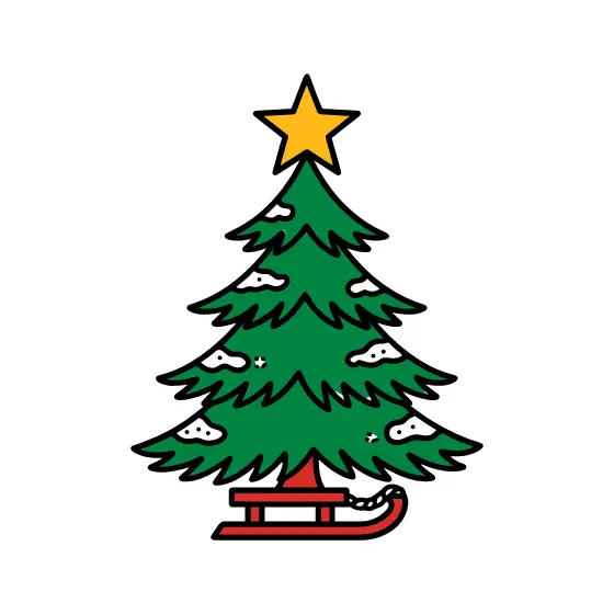 Snowy Tree With Gold Star And Sled