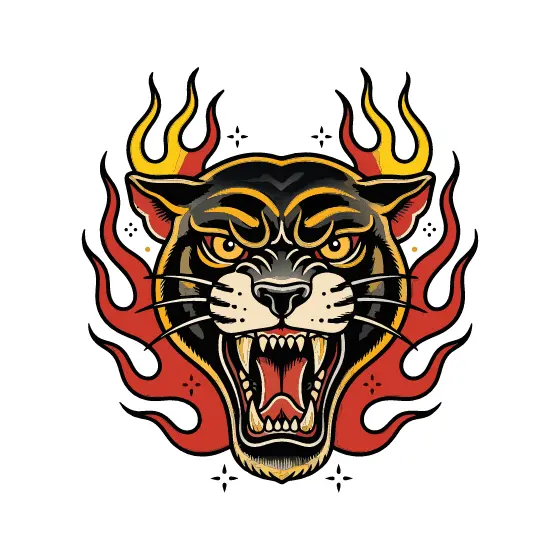 Flaming Panther Head Traditional Tattoo