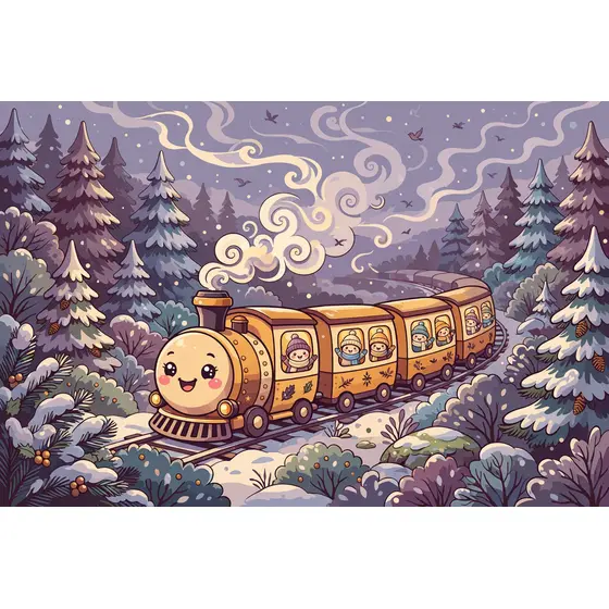 Kawaii Amber Train Through Snowy Forest