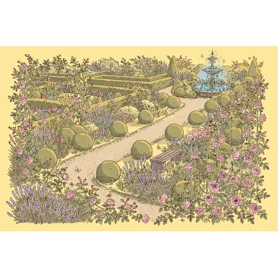 Formal Garden Path With Roses and Lavender