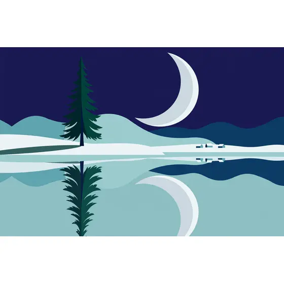 Crescent Moon Over Still Frozen Pond