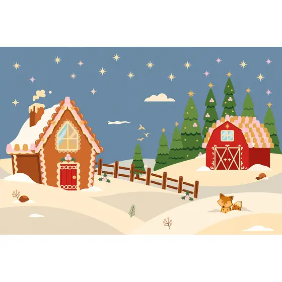 Gingerbread Farmhouse and Red Barn Winter Scene