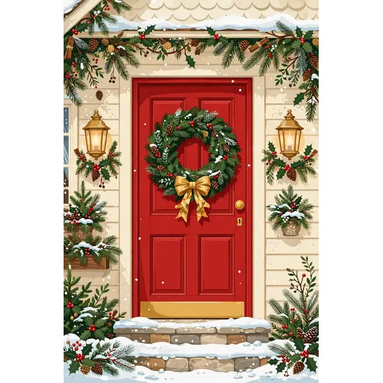 Red Door With Holiday Wreath