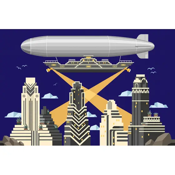 Silver Zeppelin Over Art Deco Skyline
