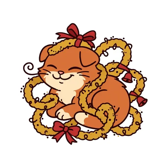 Sleepy Cat Wrapped In Garland