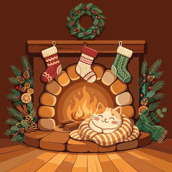 Cozy Fireplace With Cat and Stockings