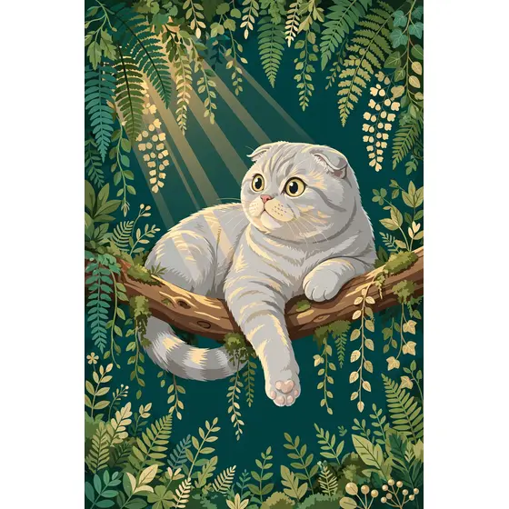 Silver Scottish Fold Cat on Branch