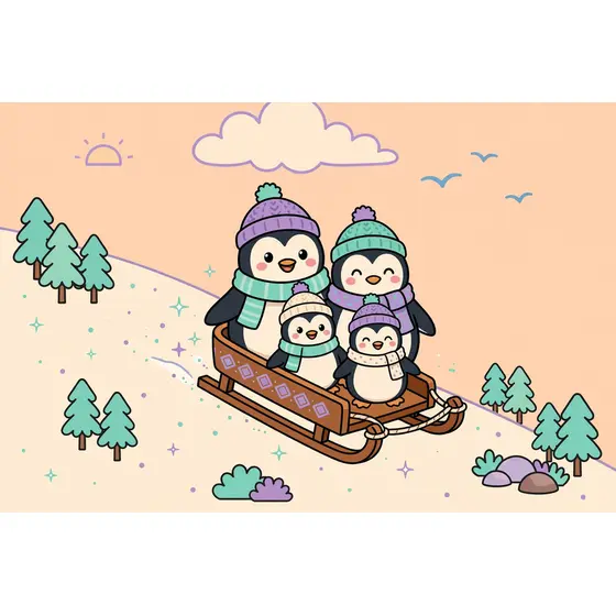 Penguin Family Sledding Downhill at Dawn