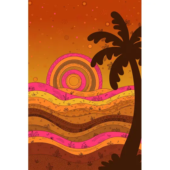 Retro Sunset Over Layered Hills