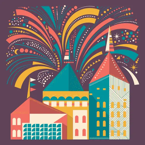 Mid-Century Rooftops Under Fireworks Burst
