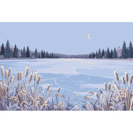 Frozen Lake With Cattails at Dusk