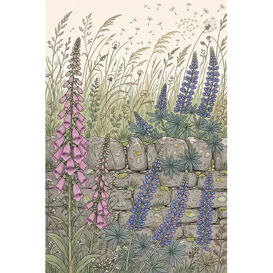Foxglove and Lupine Along Stone Wall