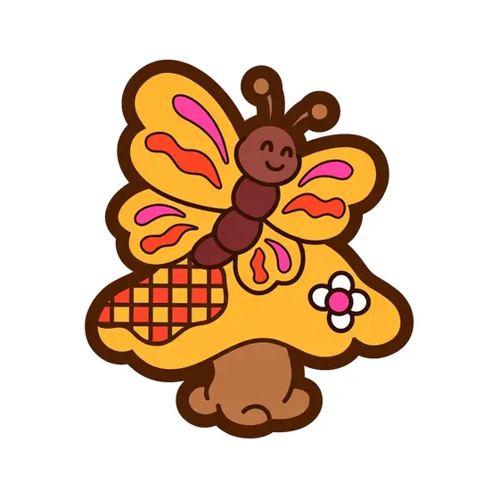 Yellow Butterfly Pink Daisy Mushroom