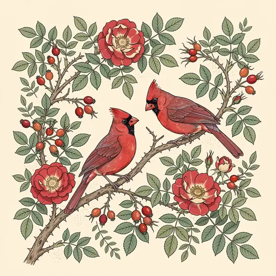 Two Cardinals Facing on Rose Branch