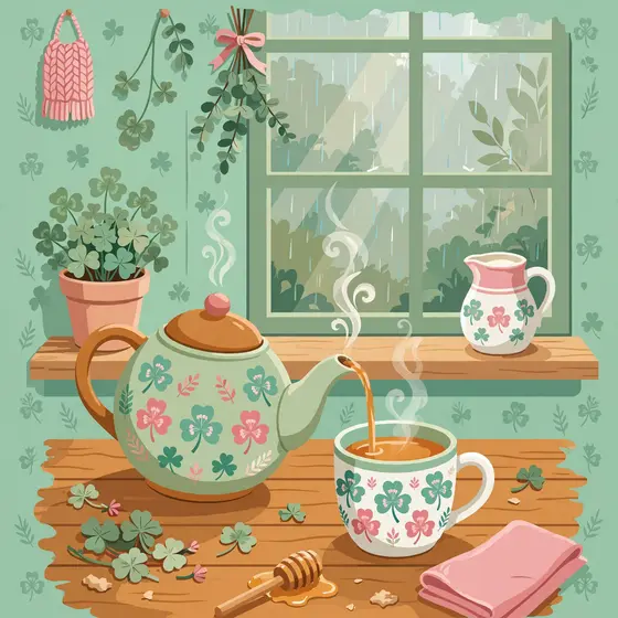 Shamrock Teapot Pouring Tea Scene