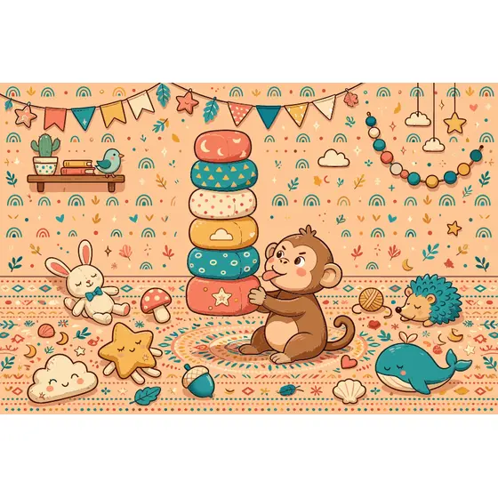 Monkey Balancing Stacked Blocks Nursery Scene