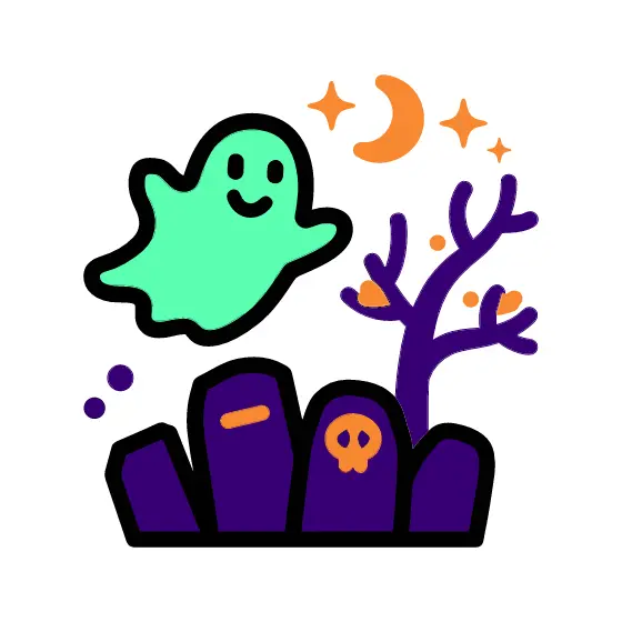 Cute Ghost Over Tombstones and Moon