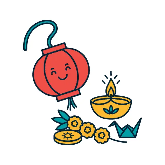Smiling Red Lantern With Diya Lamp