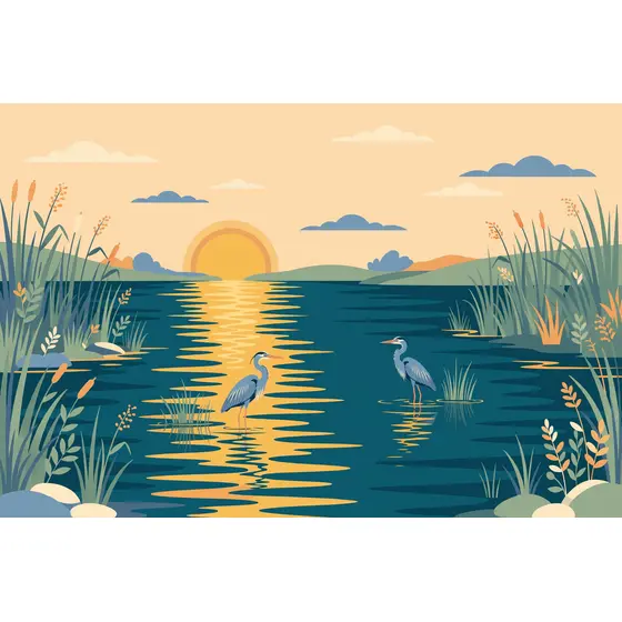 Sunrise River With Wading Herons