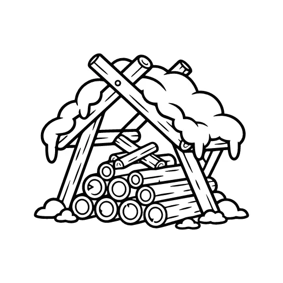 Angled Log Shelter With Stacked Firewood