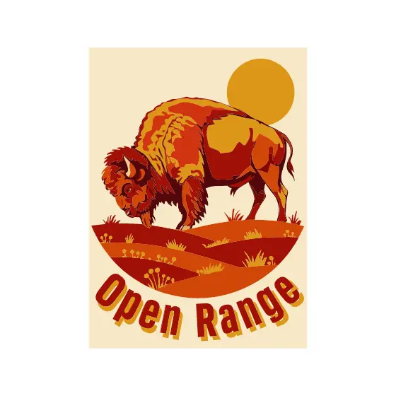 Grazing Bison With Open Range Lettering