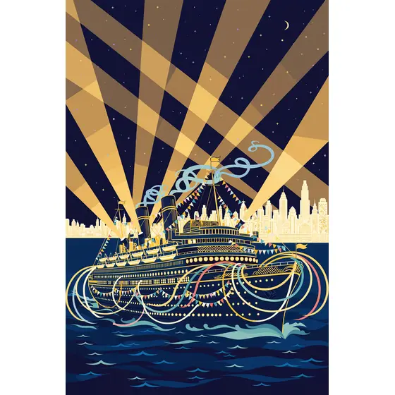 Art Deco Ocean Liner With Gold Searchlights
