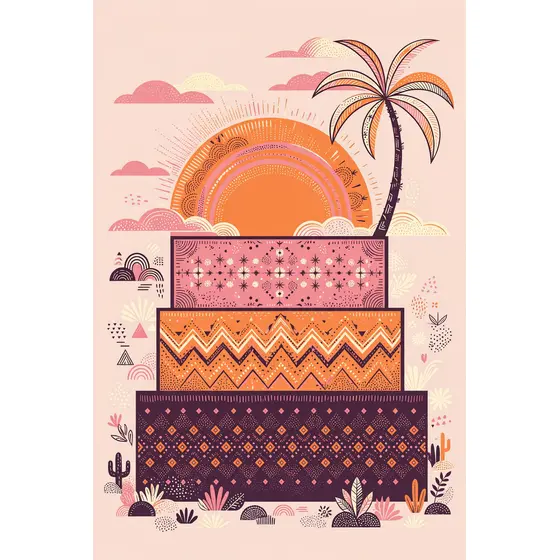 Sunset Palm Over Patterned Stacked Horizon