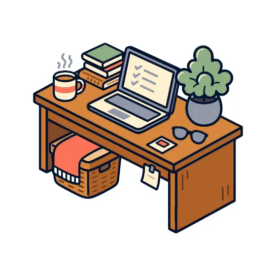 Isometric Desk With Basket and Laptop