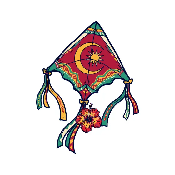 Red Wau Bulan Kite with Hibiscus