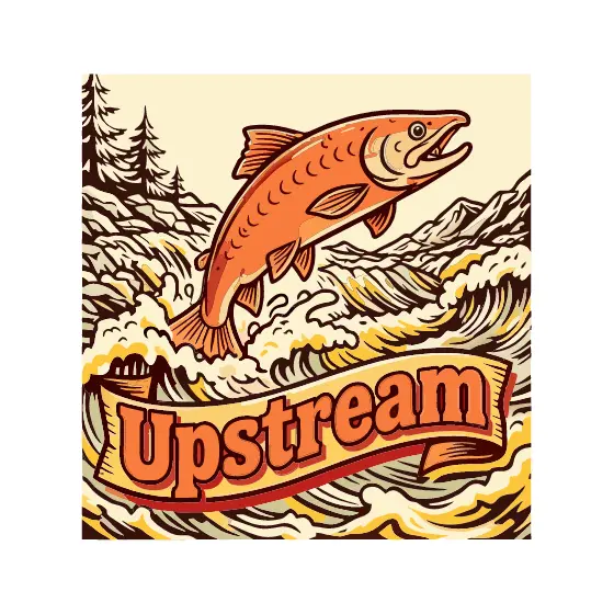 Leaping Salmon In Rapids With Upstream Banner