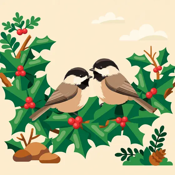 Two Chickadees Perched on Holly