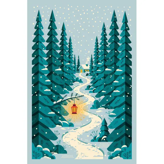 Winding Snowy Forest Path With Lantern