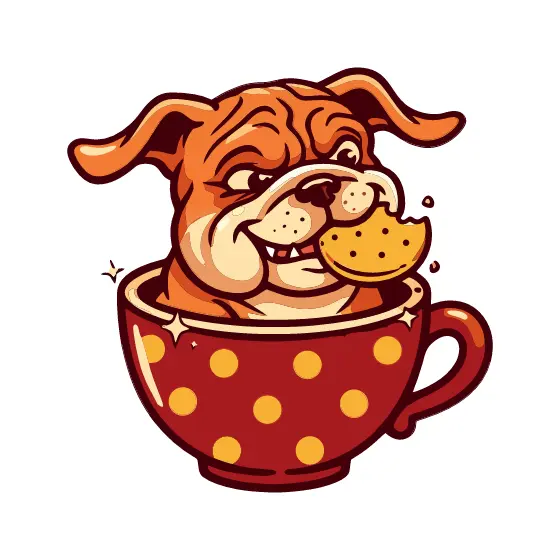 Bulldog Peeking From Teacup With Biscuit