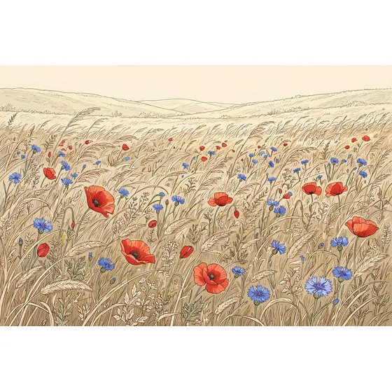 Sunrise Meadow With Poppies and Cornflowers