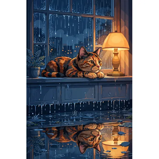 Tortoiseshell Cat Watching Rain at Window