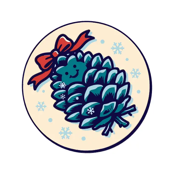 Pine Cone Badge in Circle With Snowflakes